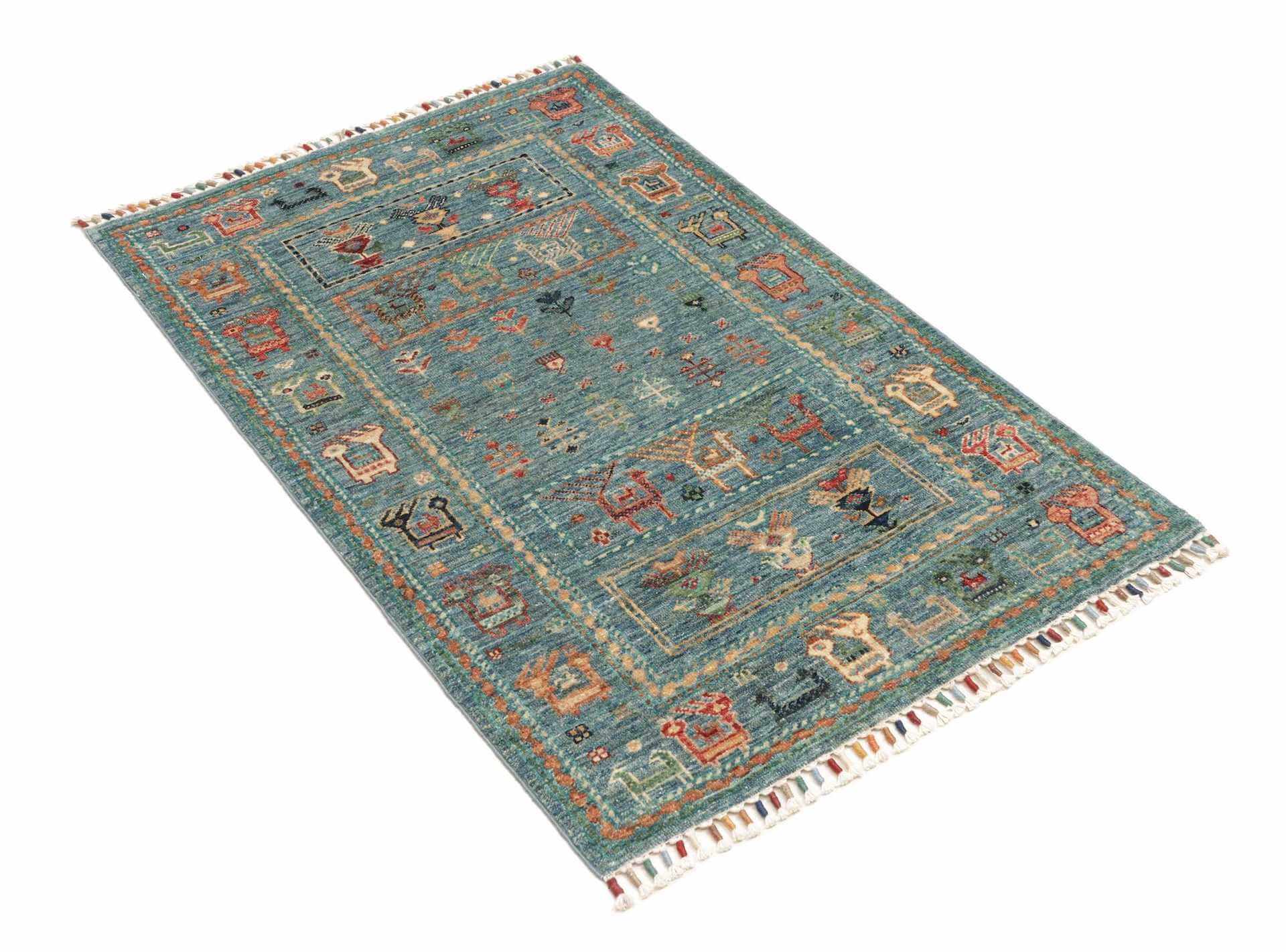 Afghanteppich Rubin Türkis, handgeknüpfter Wollteppich, mehrfarbig, 077 x 122 cm, Schrägansicht