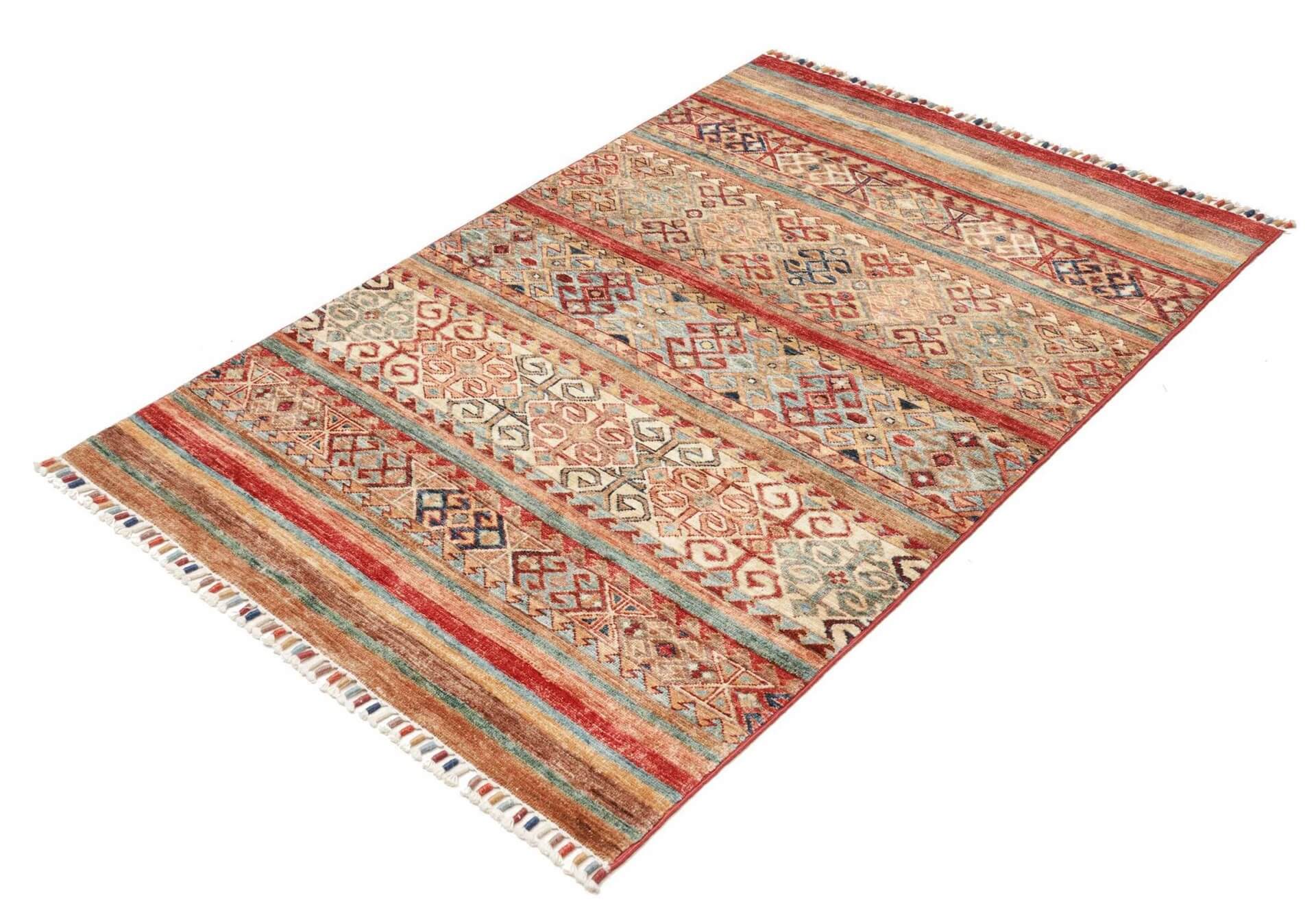 Afghanteppich Samarkand Striped, Schurwolle, handgeknüpft, 102 x 150 cm, mehrfarbig, Schrägansicht