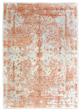 Broken Flowers orange, Indischer Designerteppich im Vintagestil, Wolle & Bambusseide, Draufsicht