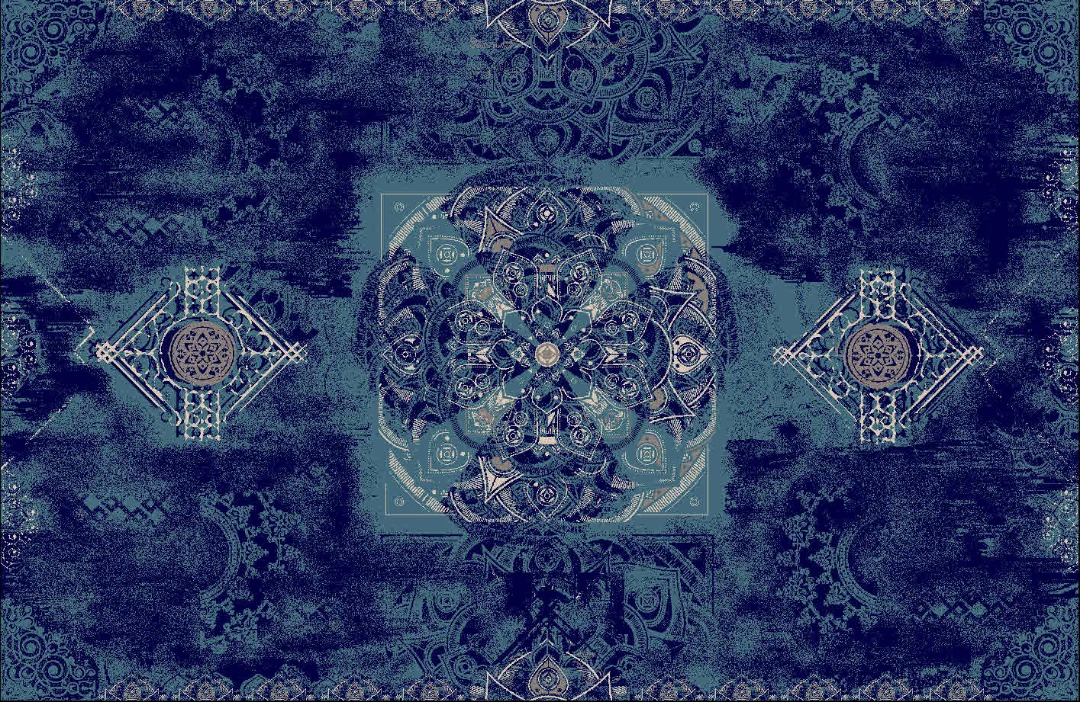Hochwertiger persischer Designerteppich aus Wolle und Seide handgeknüpft, verschidene Blautöne und weiß mit Mittelmedallion, Draufsichtedallion