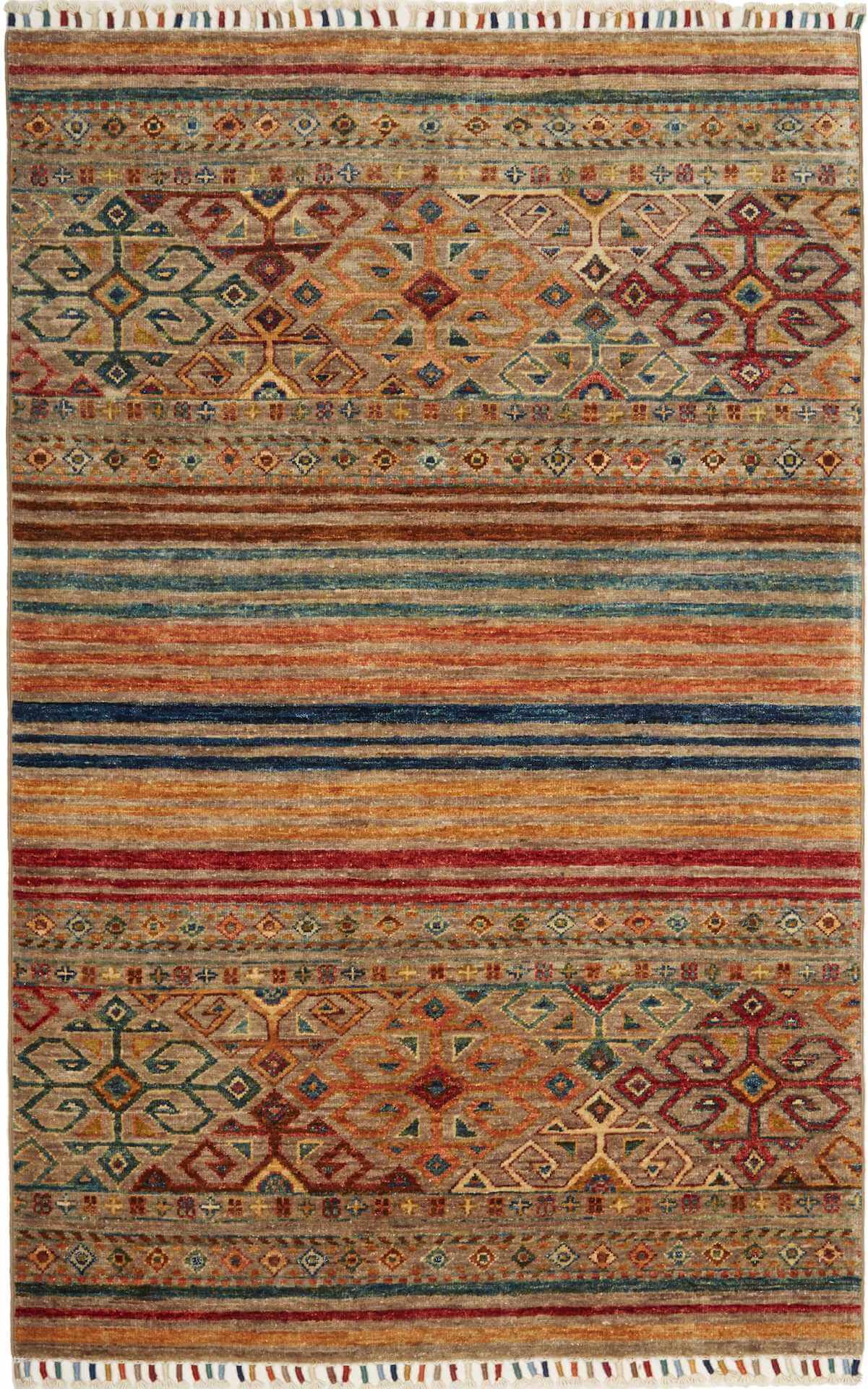 Afghanteppich Rubin Stripes, handgeknüpft aus Schurwolle, 098 x 151 cm, mehrfarbig, Draufsicht