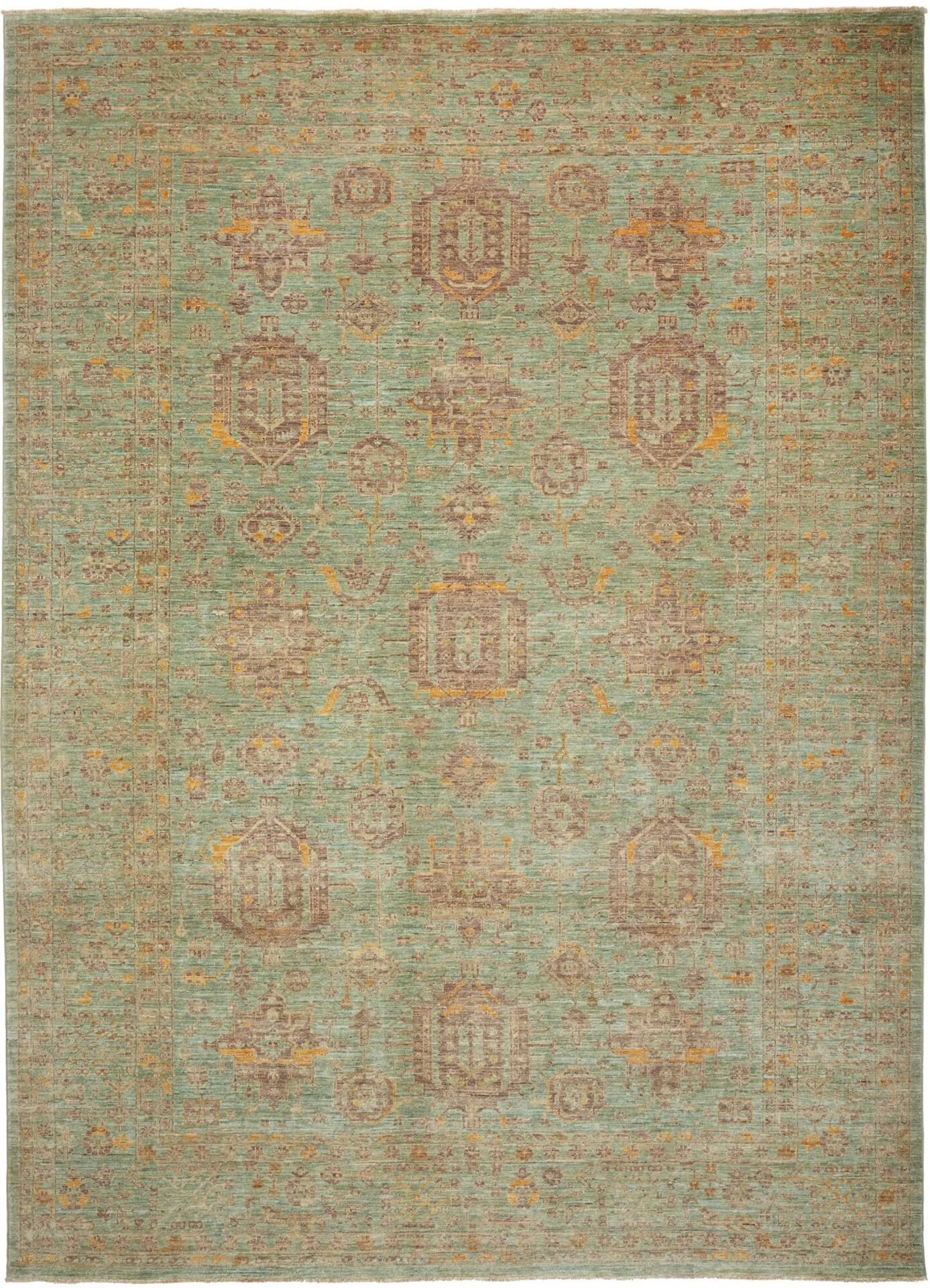 Afghanteppich Tribal Green/Grey, handgeknüpft, Schurwolle, 245 x 342 cm, Draufsicht