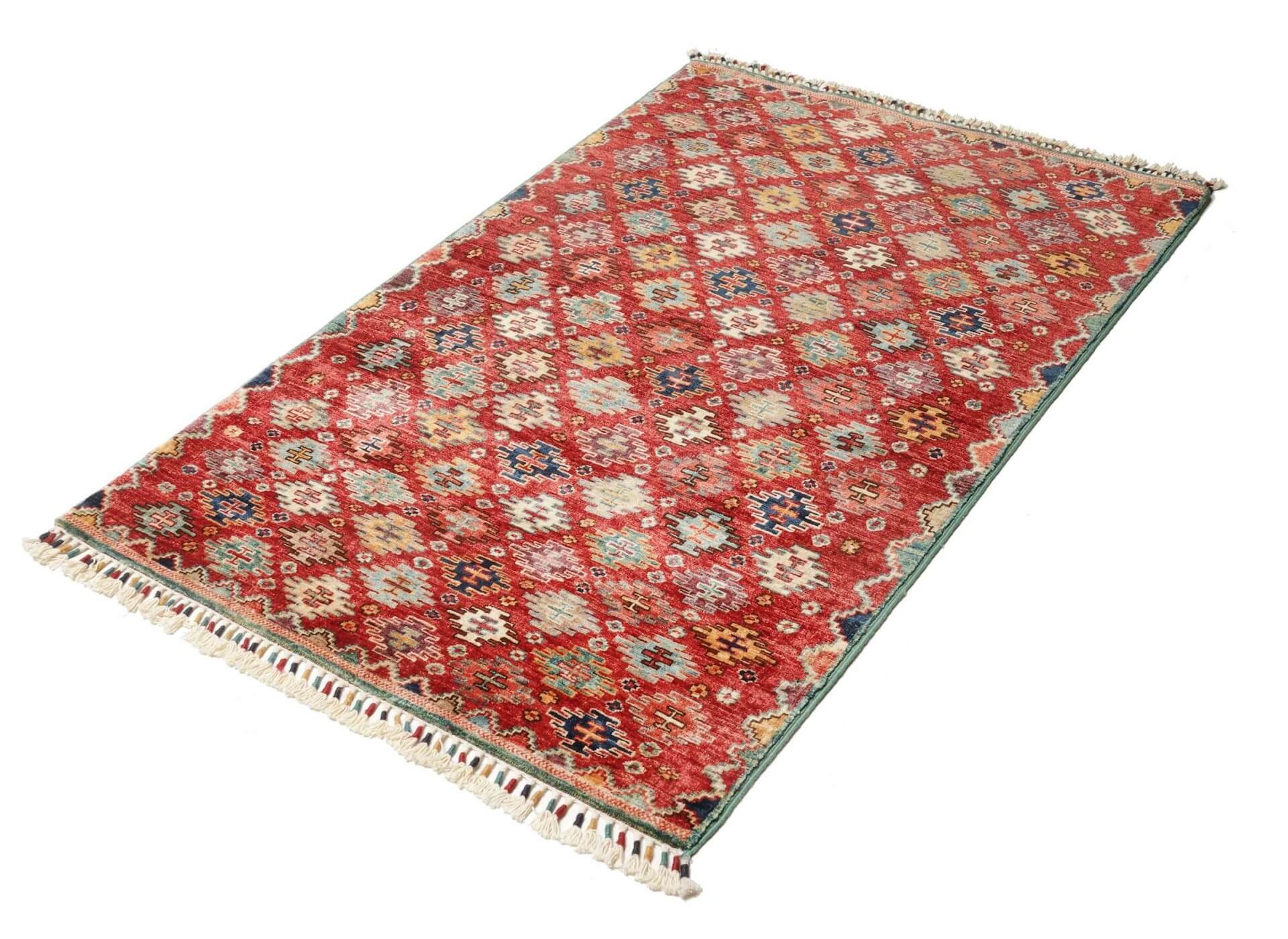 Afghan Teppich Samarkand, handgeknüpft aus Schurwolle, 102 x 149 cm, rot, Schrägansicht