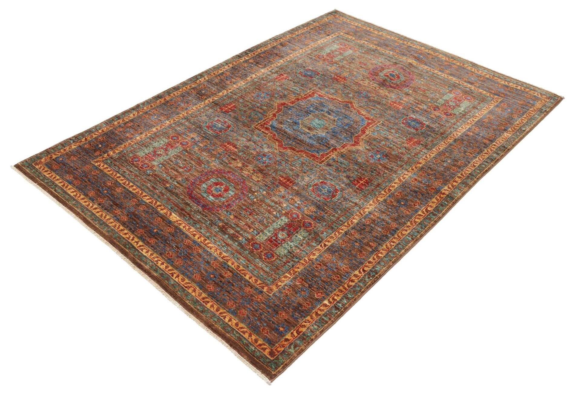 Afghanischer Teppich Mamlouk, handversponnene Schurwolle, braun, mehrfarbig, mit Mittelmedaillon, 124 x 178 cm, Schrägansicht