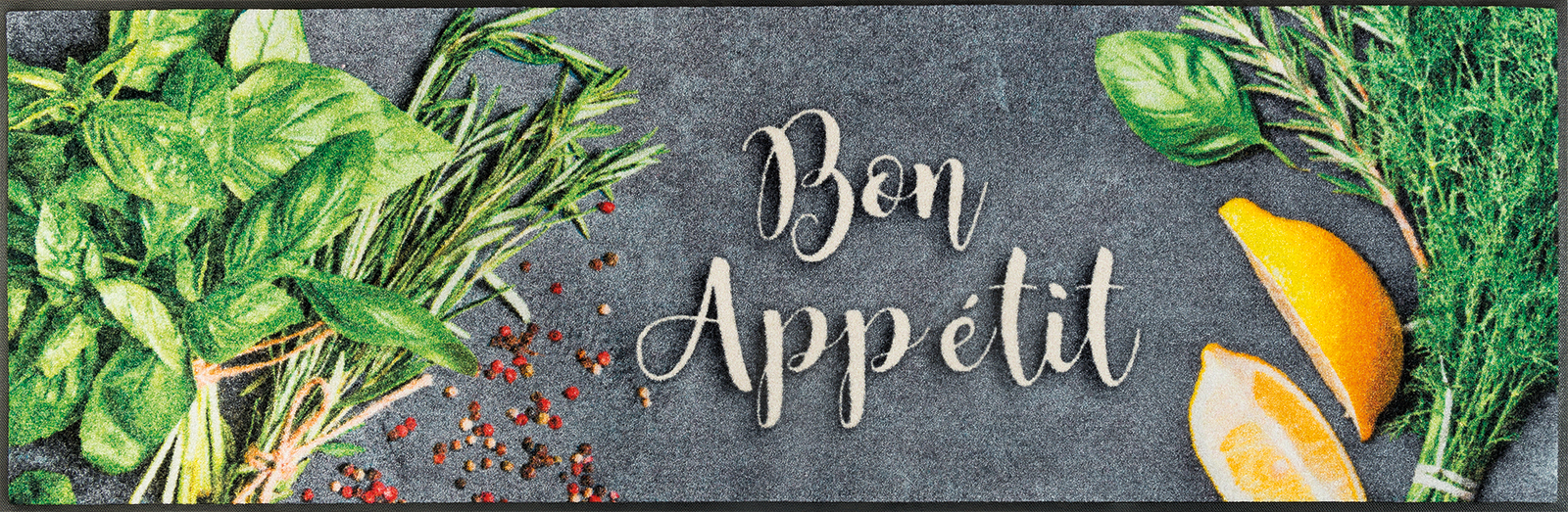 Küchenmatte Bon Appetit, Wash & Dry Sauberlaufmatte, mit Schriftzug und Kräuterbild, 60 x 180 cm, Draufsicht