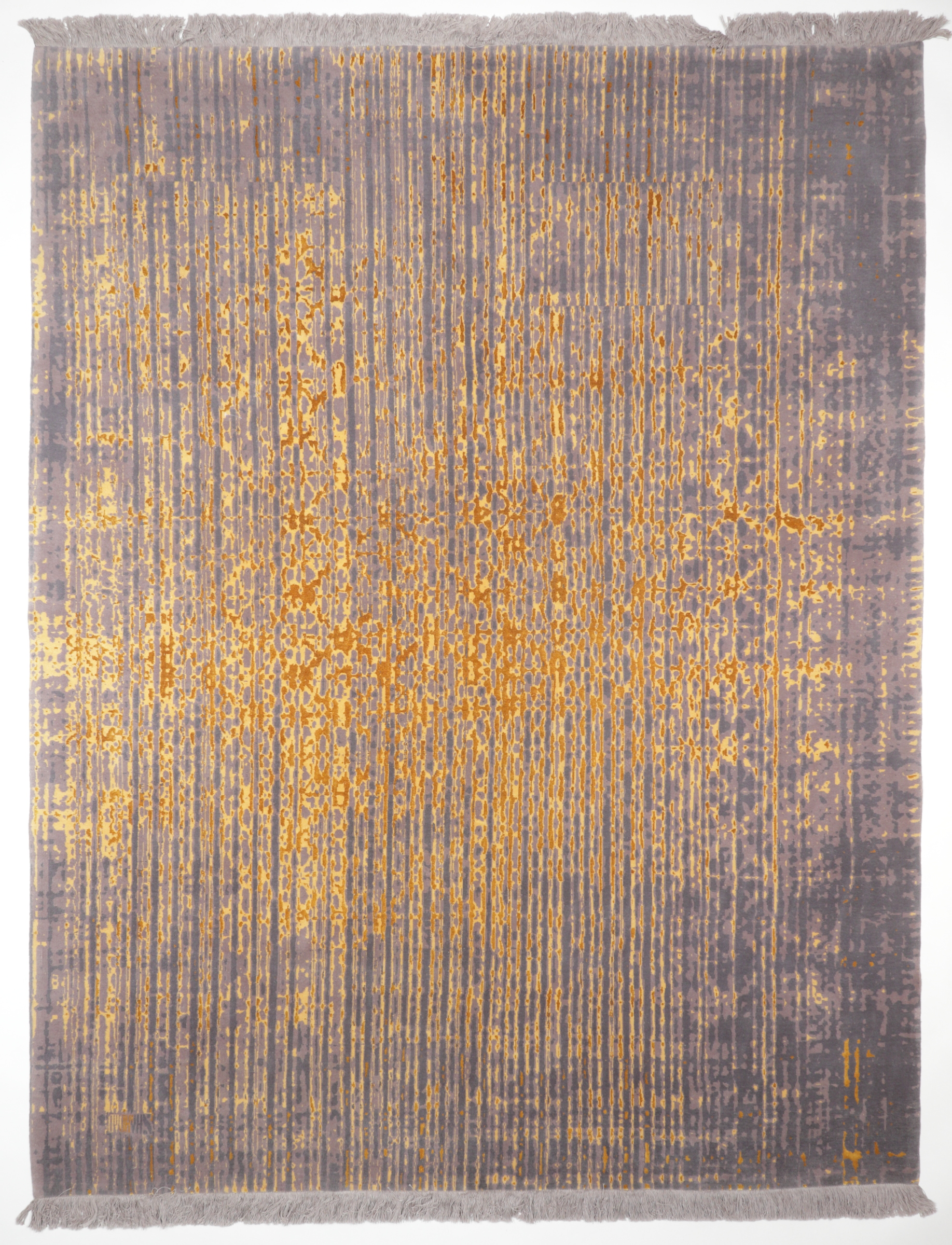 Persischer Designerteppich aus Schurwolle und Seide, handgeknüpft, graugrundig mit goldenem "Rainfall", Draufsicht