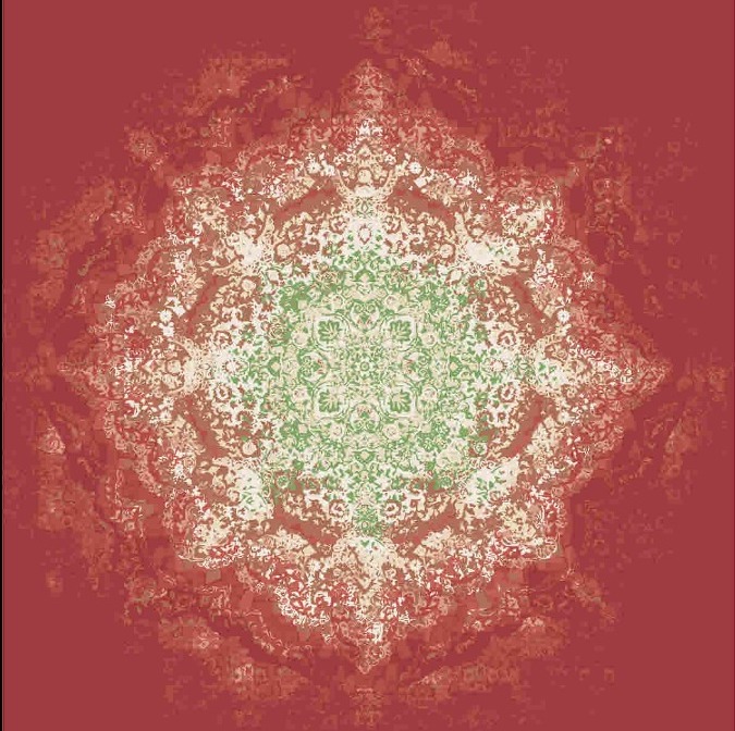 Persischer Designerteppich, handgeknüpft aus Schurwolle und Seide, rotgrundig, Medallion grün/mehrfarbig, Draufsicht