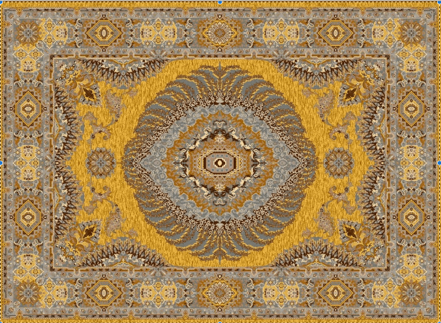 Hochwertiger persischer Designerteppich, handgeknüpft aus reiner Schurwolle und Seide, goldgrundig mit grpßem Mittelmedallion, mehrfarbig, Draufsicht