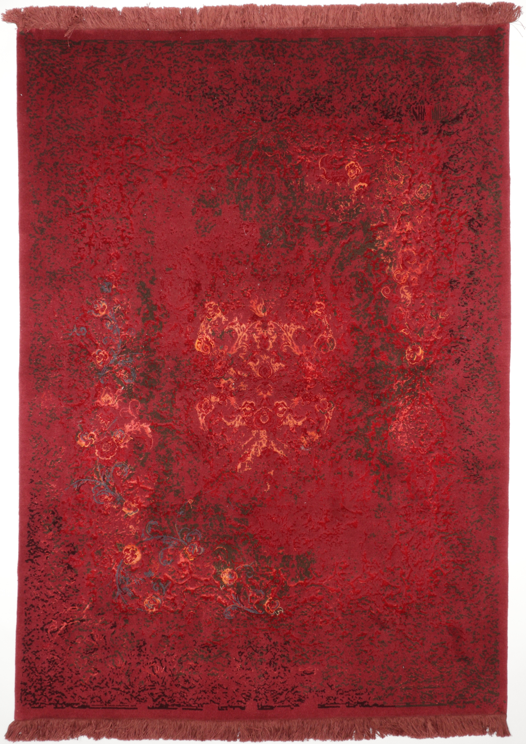 Hochwertiger, moderner Perserteppich aus feinster Schurwolle und Seide, handgeknüpft in rot, Draufsicht