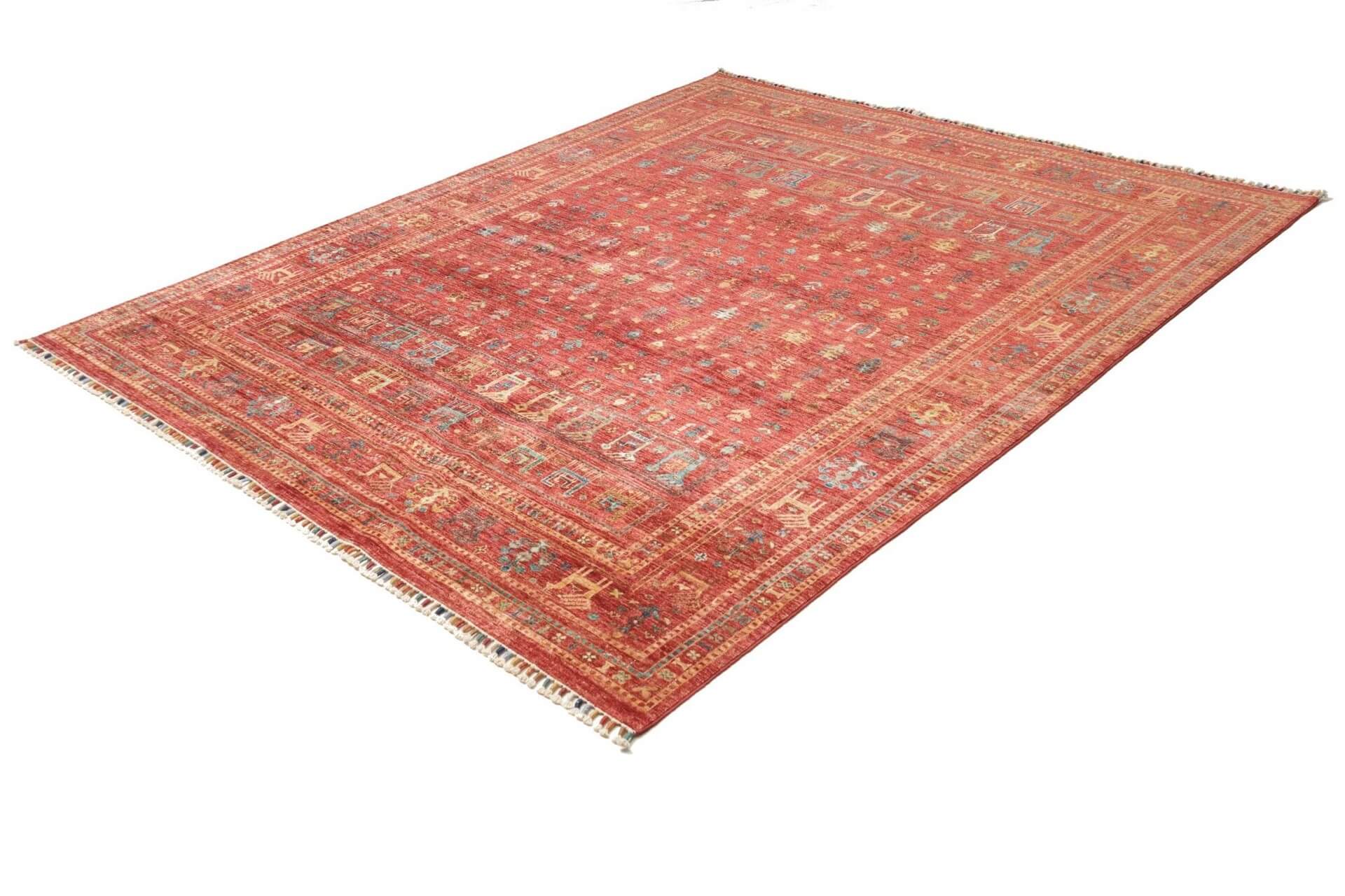Afghanteppich Rubin Rot, Schurwolle, handgeknüpft, 208 x 240 cm, Schrägansicht