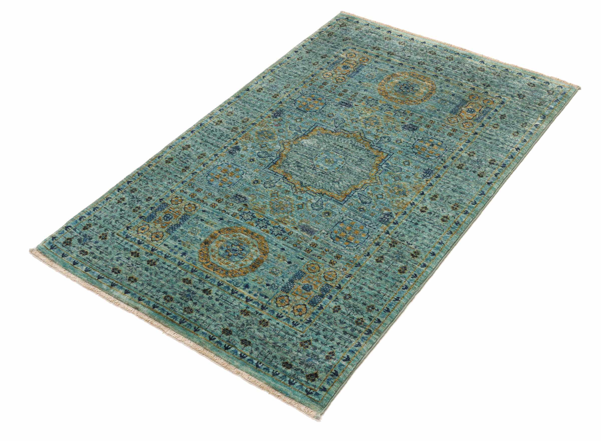 Afghan-Teppich Mamlouk, turquoise, handgeknüpft, Schurwolle, 080 x 124 cm, Schrägansicht