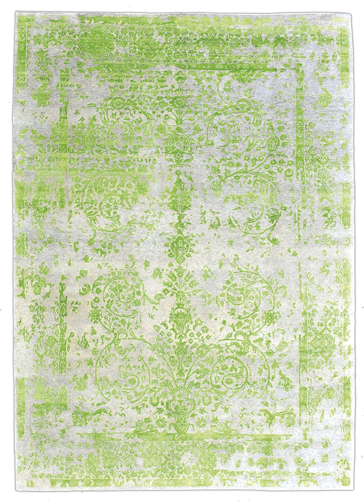 Broken Flowers green, Indischer Designerteppich im Vintagestil, Wolle & Bambusseide, Draufsicht