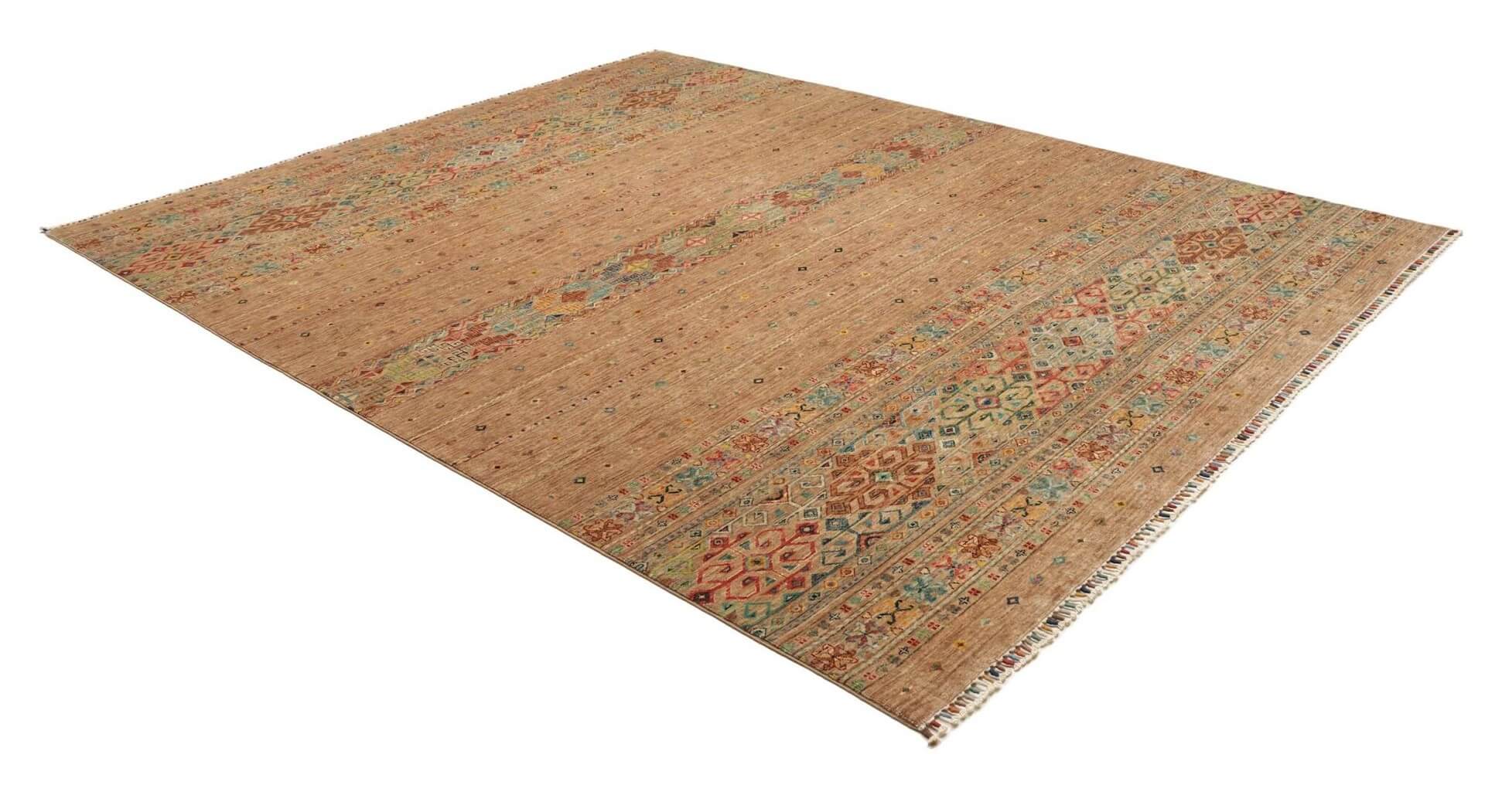 Afghanteppich Rubin Brown, handgeknüpft, Schurwolle, 246 x 300 cm, mehrfarbig, Schrägansicht