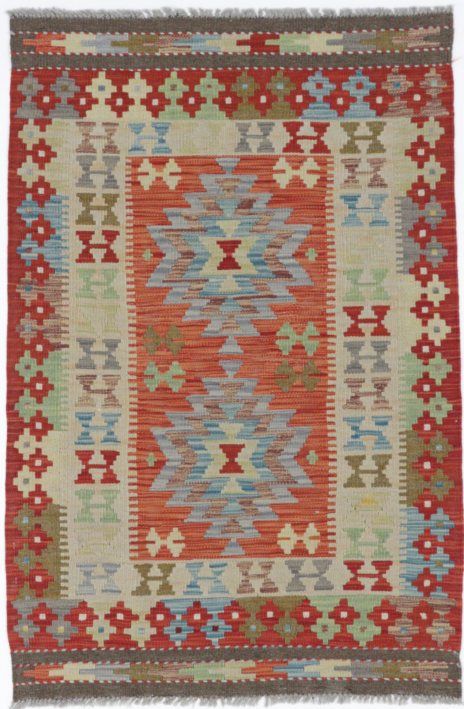 Afghanischer Kelim, handgewebt, farbenfrohe Musterung, 80 x 119 cm, Draufsicht