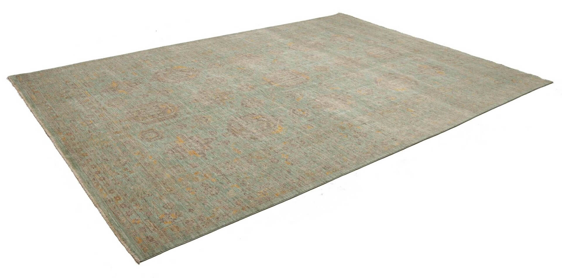 Afghanteppich Tribal Green/Grey, handgeknüpft, Schurwolle, 245 x 342 cm, Schrägansicht