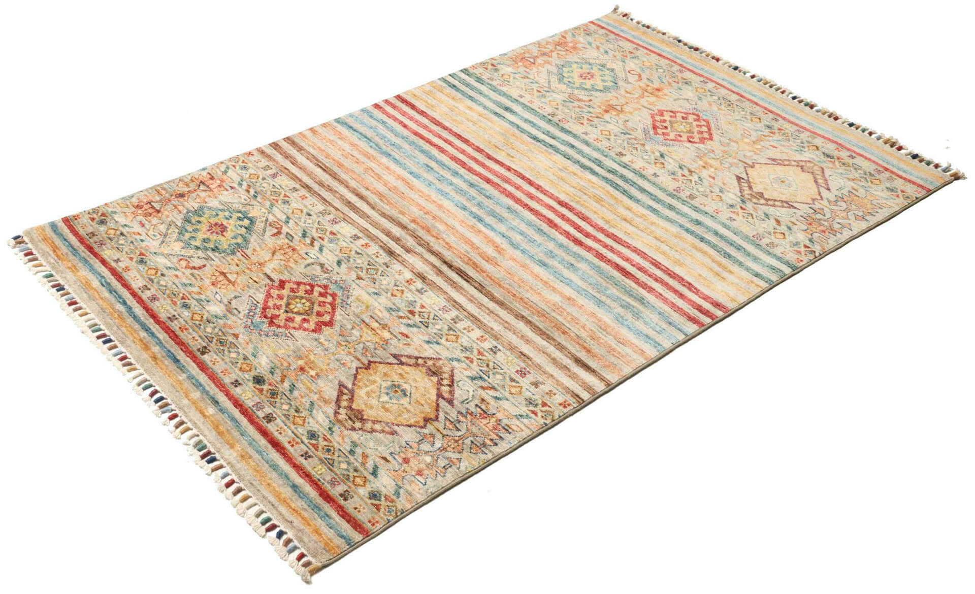 Afghanteppich Rubin Multi, handgeknüpftes Unikat, 098 x 156cm, mehrfarbig, Schrägansicht