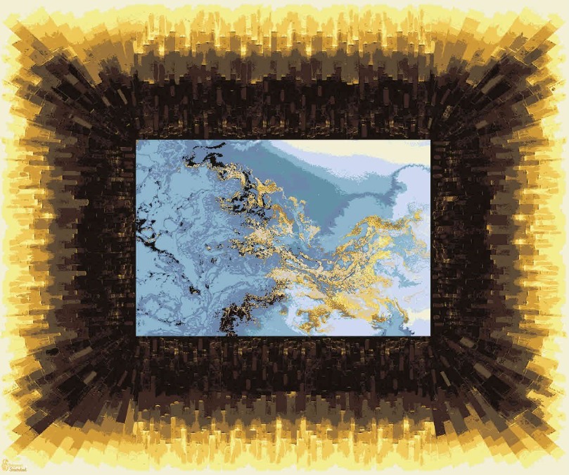 Hochwertiger, persischer Designerteppich, handgeknüpft aus Wolle und Seide, Rahmen gelb bis dunkelbraun, Bildmitte Gebirge in zartem blau mit goldenen Nebelschwaden, Draufsicht