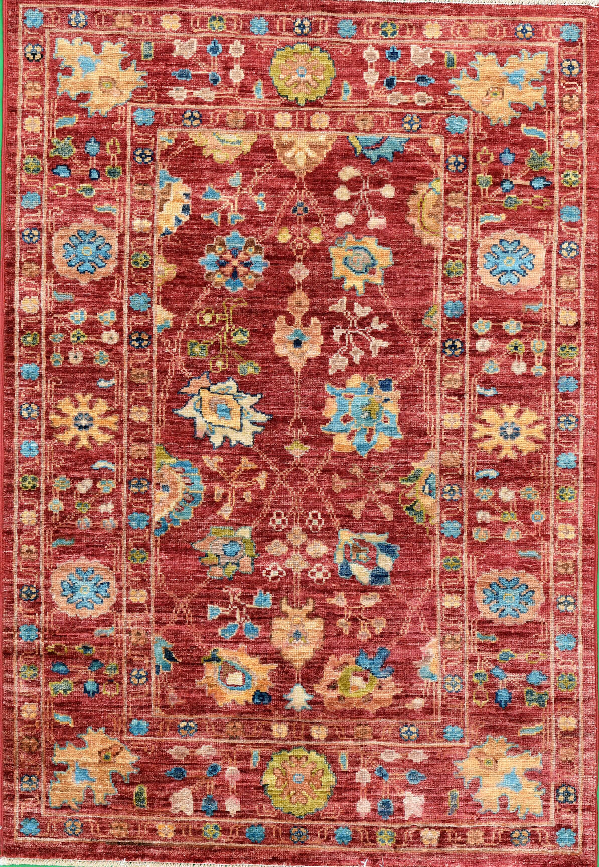 Afghanischer Teppich Rubin Red, reine Schurwolle, handgeknüpft, rotgrundig/mehrfarbig, Draufsicht