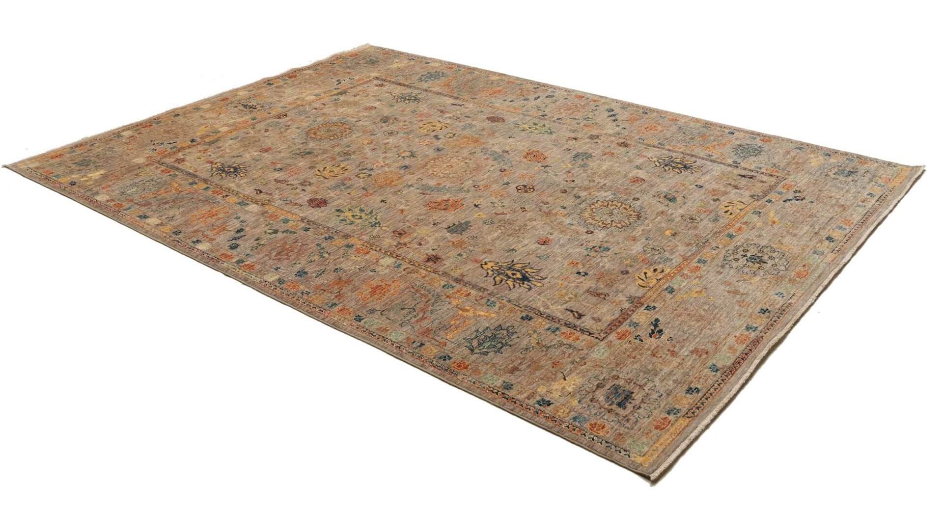 Afghanischer Teppich Shahi Fine, handgeknüpft aus Schurwolle, naturalgrundig, mehrfarbig,Schrägansicht