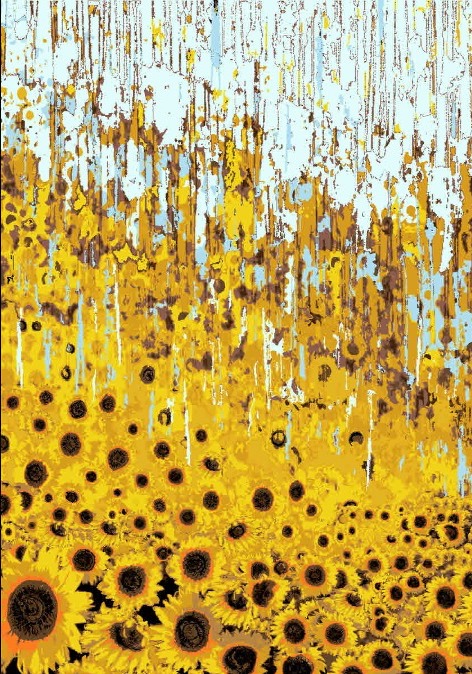 Ein persischer Designerteppich mit Sonnenblumenmotiv, handgeknüpft aus Wolle und Seide, gelbe Sonnenblumen auslaufend im zartblauen Himmel, Draufsicht