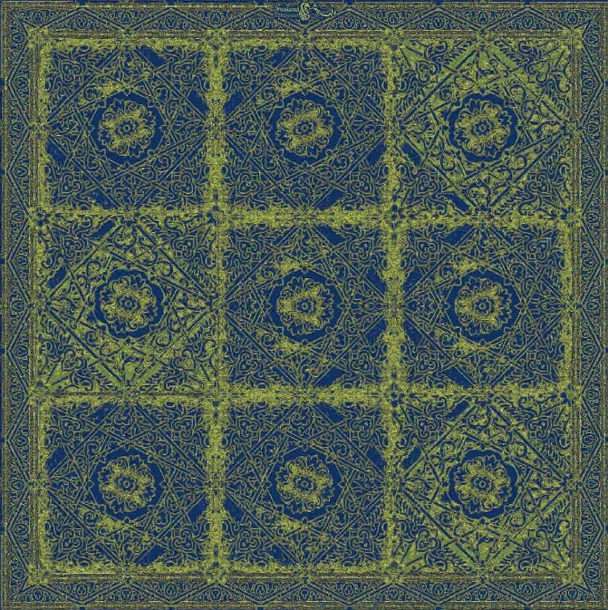 Moderner, persischer Designerteppich handgeknüpft aus Schurwolle und Seide, quadratisch, in verschiedenen grün- und blau-Tönen gefertigt, Draufsichtnd