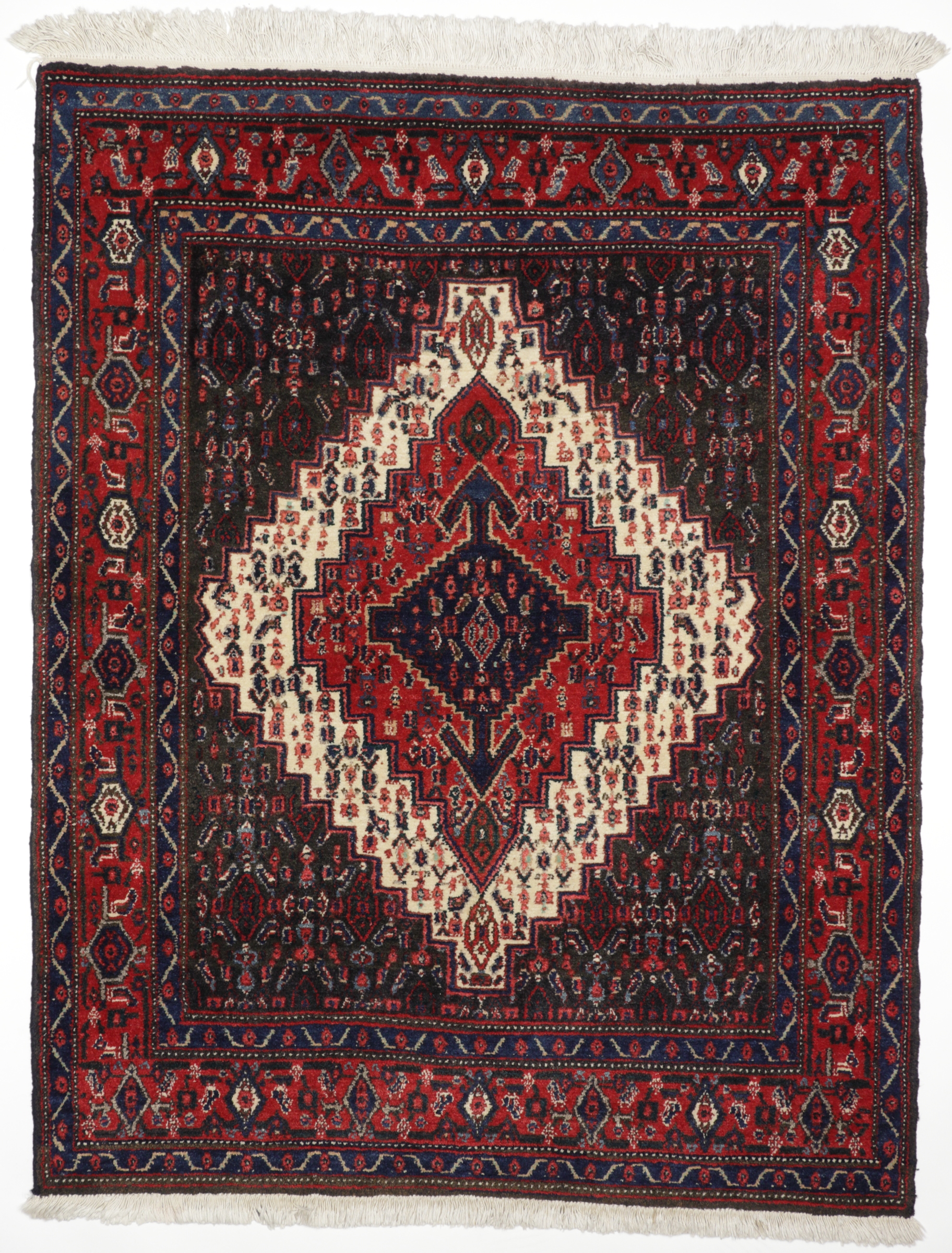 Persischer Senneh, handgeknüpfter Nomadenteppich aus Schurwolle, rot/mehrfarbig, Draufsicht