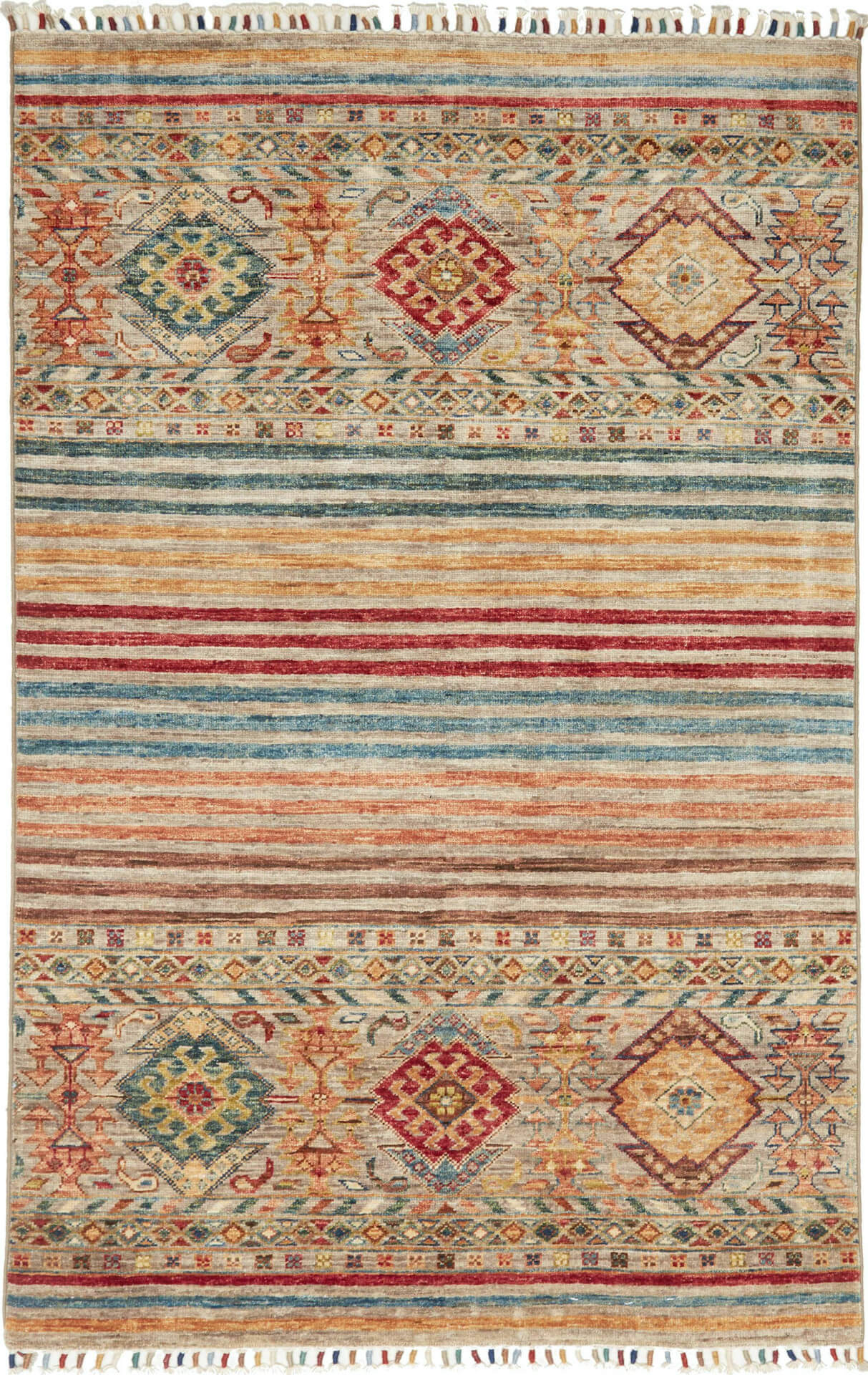 Afghanteppich Rubin Multi, handgeknüpftes Unikat, 098 x 156cm, mehrfarbig, Draufsicht