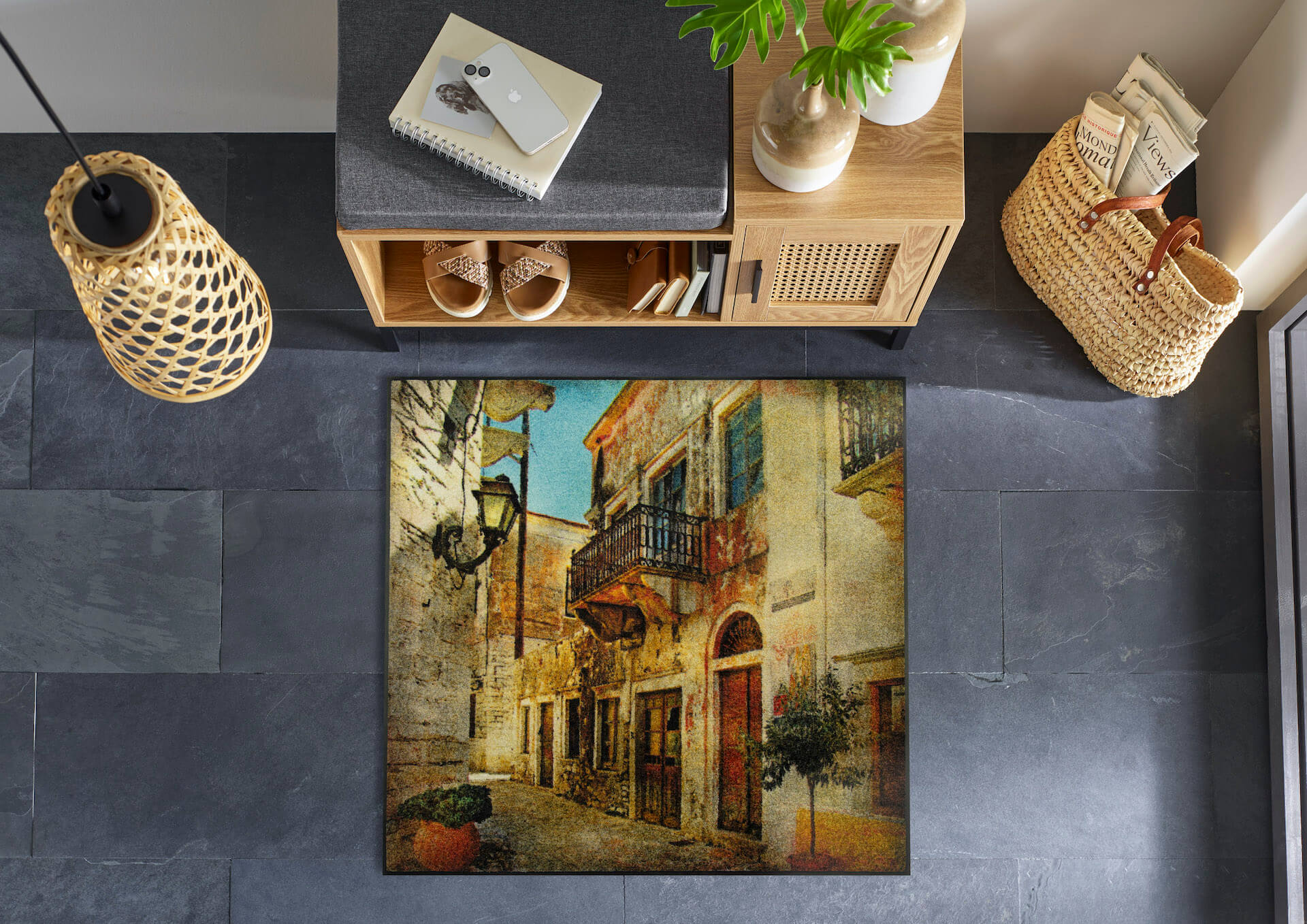 Fußmatte Picturesque Greece, Wash & Dry Design, 085 x 085 cm, mehrfarbig, Interieurbild