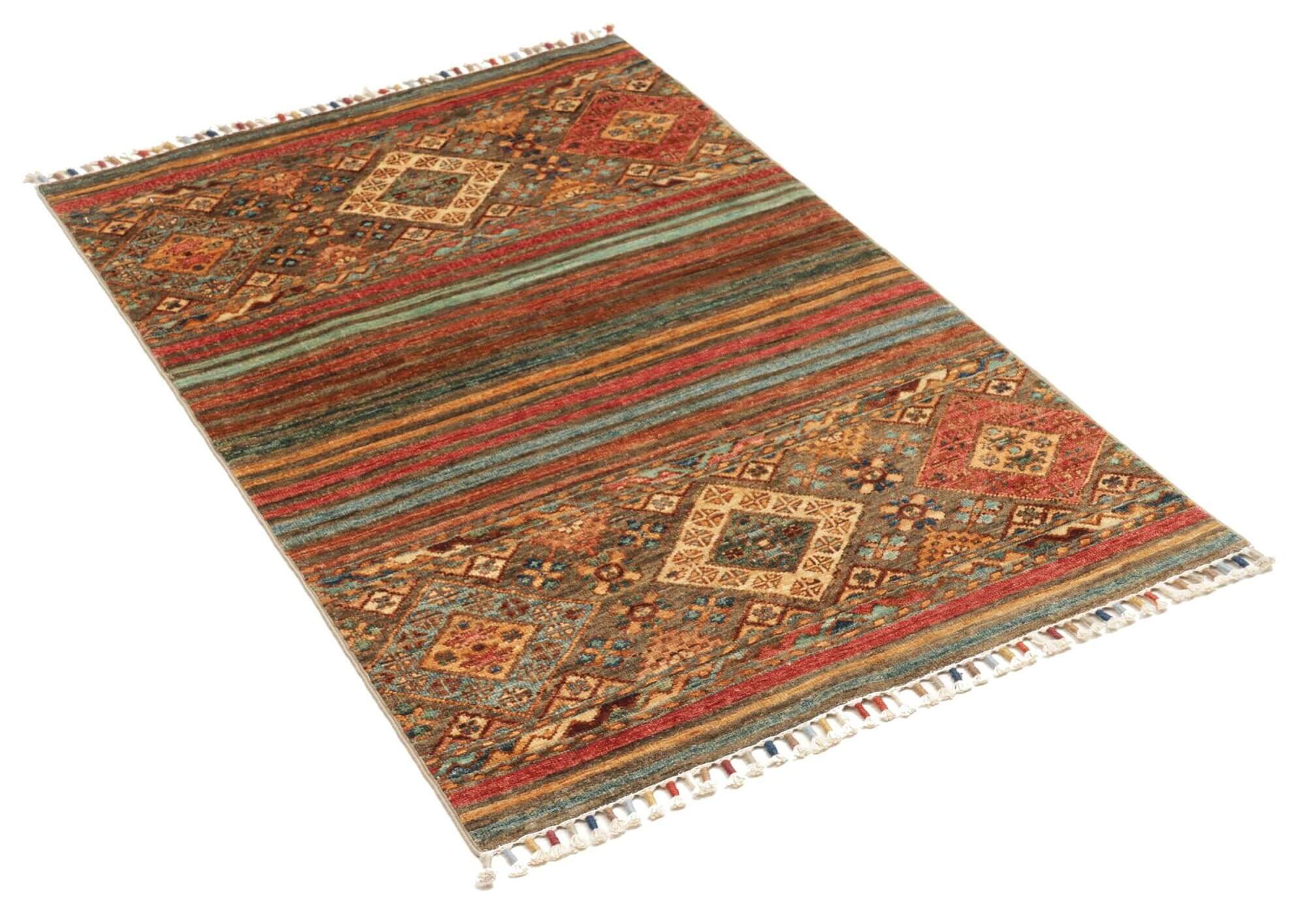 Afghan-Teppich Rubin small, handgeknüpft aus Schurwolle, 079 x 124 cm, mehrfarbig, Schrägansicht