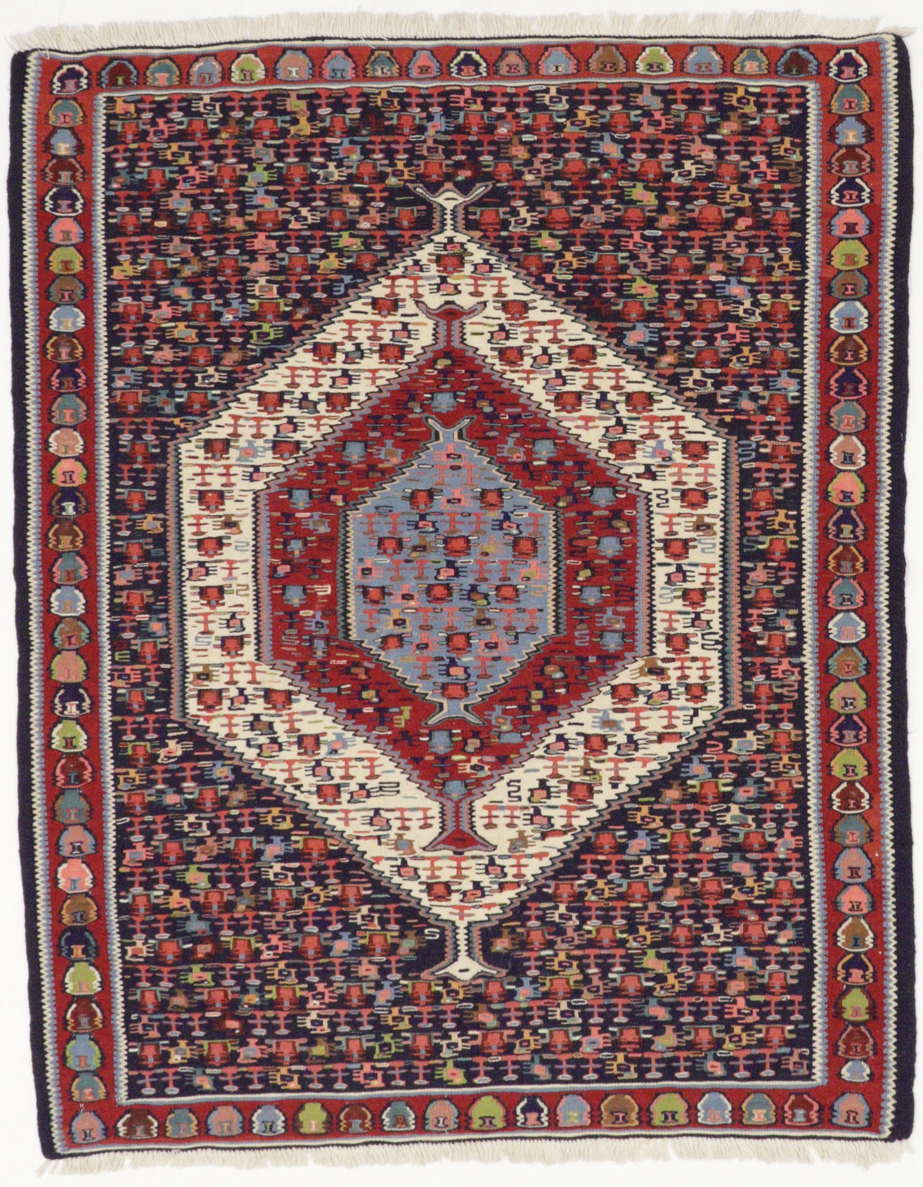 Kelim Senneh, handgewebt im Iran, Schurwolle, 113 x 140 cm, mehrfarbig, Draufsicht